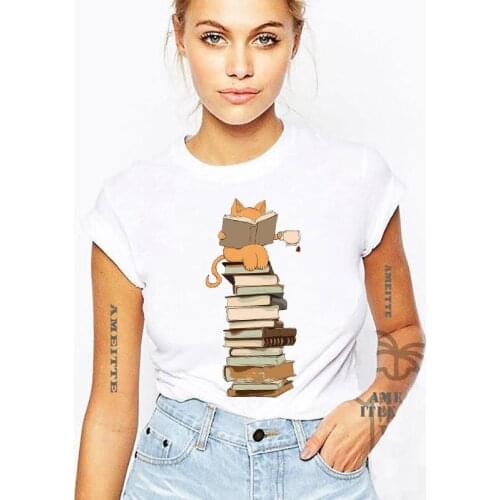 Fashion Women Short Sleeve Kittens Cat Coffee Tea and Books Gift Art Print T-Shirt Mujer White Casual Tops Cute Girl Tee shirt