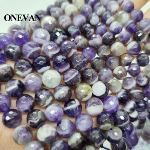ONEVAN Natural 8mm 9.7mm Dogteeth Amethyst Quartz Faceted Round Stone Charm Beads Bracelet Necklace Jewelry Making Diy Gift