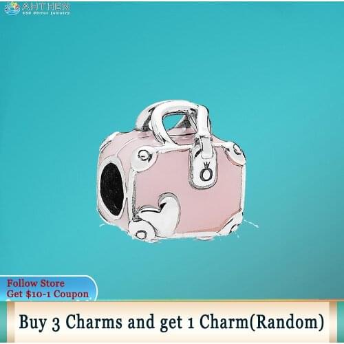 Ahthen 925 Sterling Silver Beads Pink Travel Bag Charms fit Original Pandora Bracelets Women Jewelry Making Girl Birthday Gift