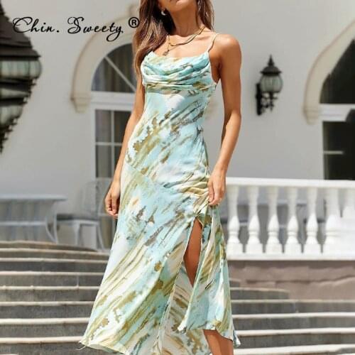 Sexy Spaghetti Strap Women y2k Dress Summer Tie Dye Long Female Beach Boho Elegant Green Dresses 2021 Lady High Split Vestidos
