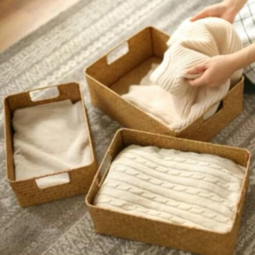 Rectangular Storage Boxes Handmade Wicker Baskets with Handle Home Decor Sundries Container Cosmetic Snacks Organizer S/M/L