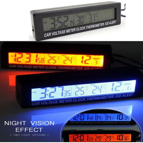 Universal 12V/24V Red/Orange Backlight Car Digital LCD Display Clock Car In/outdoor Thermometer Voltage Meter Battery Monitor