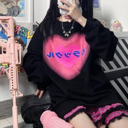 Heart Japanese Letter Print Sweet Girls Hoodies Sweatshirts Loose Streetwear Cute Vintage Punk Gothic Casual Harajuku Women Tops