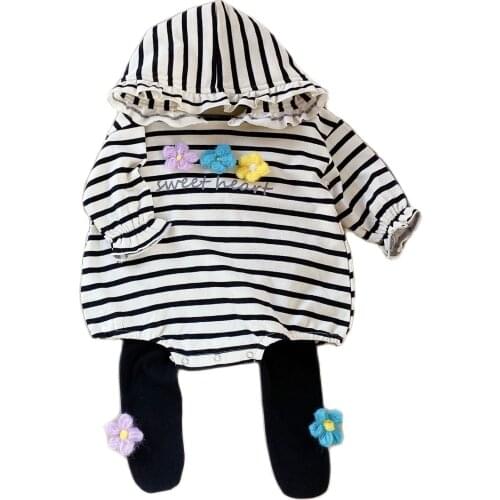Korean Newborn Baby Girls Autumn Spring Baby Rompers Jumpsuits Infant Floral Ruffles Lovely Hoodied Clothing And Pants For 0-36m