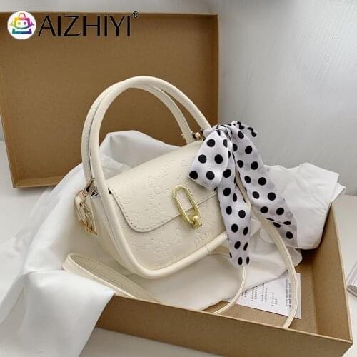 Vintage Women Cartoon Embossing Pure Color PU Leather Silk Scarf Shoulder Crossbody Bag Casual Ladies Small Top-handle Handbags