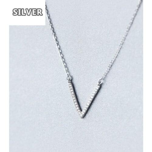 Japan and South Korea necklace, 925 silver plated V letter pendant necklaces zircon clavicle chain sexy deep V micro