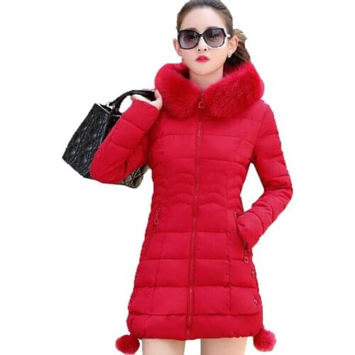 Winter Korean version Cotton Long section Thickening 2018 New Slim Cotton Jacket Womens Large Fur Collar Personality Fashion W32