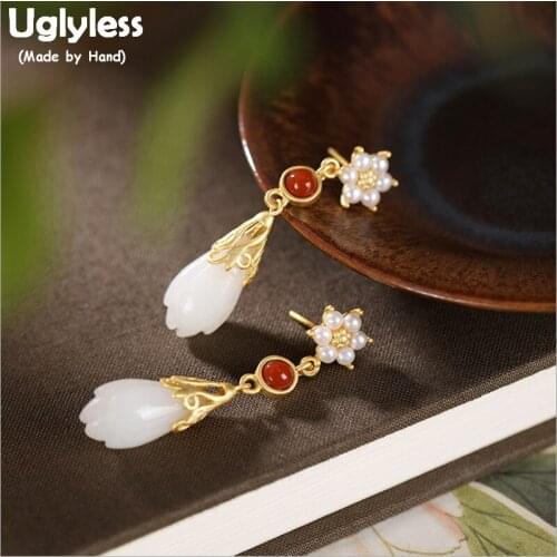 Uglyless Natural Pearls Flower Earrings for Women Elegant Jade Floral Dress Earrings Magnolia Brincos 925 Silver Jewelry E1838