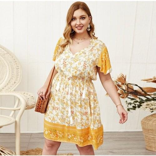 Plus Size Dress Women Vintage V Neck A Line Loose Dress Floral Print Petal Sleeve Tassel Ladies Shirt Dress Women Big Size