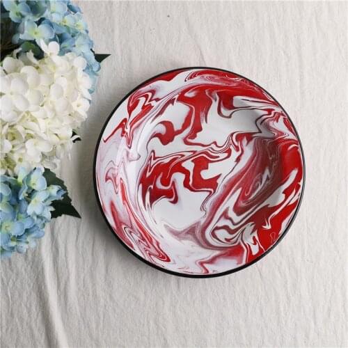 24cm American Art Enamel Red Marbling Breakfast Plate Disc Thick Cutlery