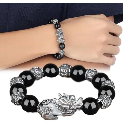 Bring Lucky Brave Wealth Men Black Obsidian Stone Buddhism Six Words Legendary Pixiu Bead Bracelet Amulet Jewelry