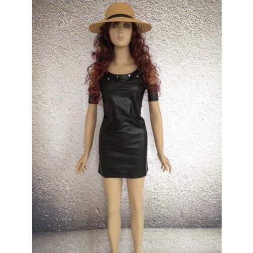 Black Clubwear Mini Dress 3s9035 Vinyl Leather Short Sleeve Sexy Bodycon Dress