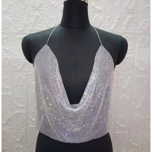 Silver Gold Full Stones Glisten Top Sexy Costume Women Singer Dance Backless Outfit Birthday Evening Prom Show Wear