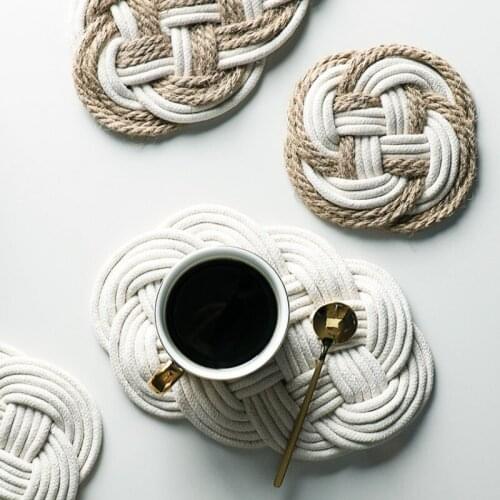 DUNXDECO Table Placemat Pot Cup Mat Round Nature Linen Cotton Thread Knot Weaver Hot Insulation Pad Modern Simple Geometric Art