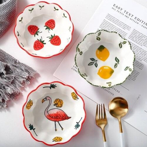 Nordic Style Hand Painted Ceramic Salad Bowl Cute Cartoon Strawberry Lemon Flamingo Porcelain Dessert Snack Bowls Tableware New
