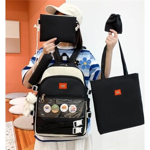 5-piece Set Fashion Womens Backpack Cute Badge Large Capacity School Bag For Girls Waterproof Anti-theft Student Backpacks