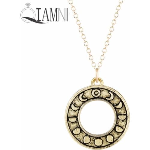 QIAMNI Moon Astrology Round Pendant Necklace for Women Girls Minimalist Couple Jewelry Christmas Gift Chain Accessories