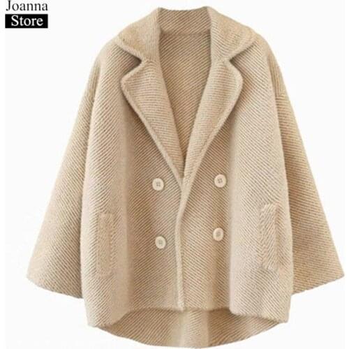 Spring Autumn Striped Short Coats Women Bat Sleeve Double Breasted Pockets Furry Elegant Jackets Loose Plus Size Clothes Female