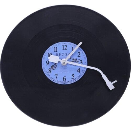 Best Quartz Round Retro Wall Clock Art Design Kitchen Living Room Home Decoration Vinyl Record Clock Blue + Black Plastic