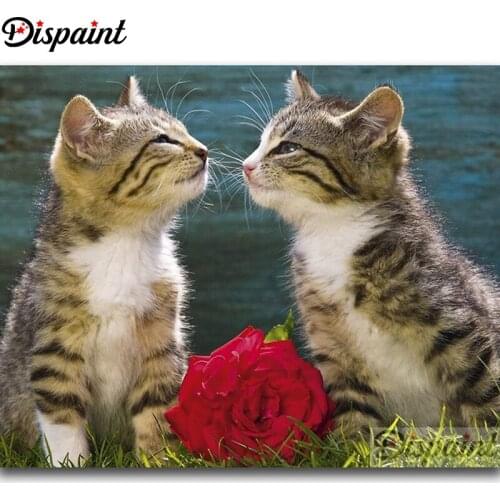 Dispaint Art 5D Diy Diamond Painting "Cat flower couple" Diamond Pictures Cross Stitch 3D Rhinestone Embroidery Decor A25679