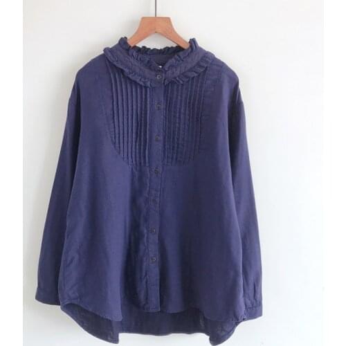 2020 New Autumn Women Blouse Japan Style Literary Stand Collar Long Sleeve Solid Color Cotton yarn Loose Casual Shirts Women