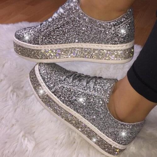 Spring and Autumn 2020 new single shoes bright crystal flat lace-up casual large womens shoes wish burst sequin womens shoes