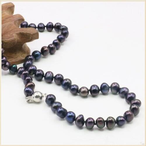 7-8mm Black Natural Fresh Water Pearl Necklace Women Girl Beads Neckwear Hand Made Jewelry Making Design Silver Color Mine Clasp