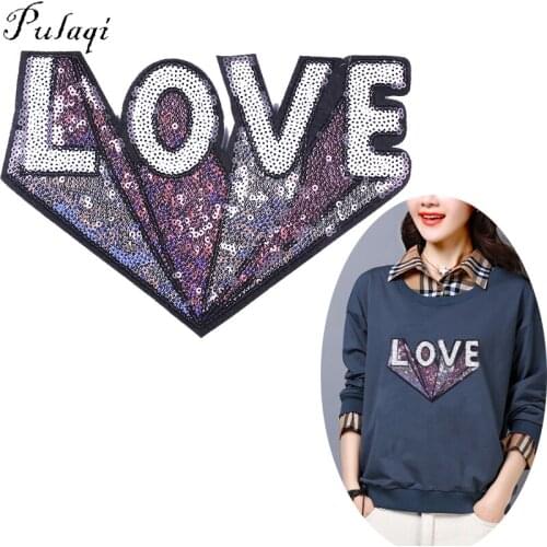 Pulaqi LOVE Letter Patch Sequins Embriodered DIY Badges Sew On Patches For Clothes Sticker For Clothing Cute Animal Applique F