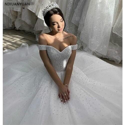 2021 Luxury Pearl Wedding Dresses Tulle Chapel Train Vestido De Noiva Sweetheart African Wedding Gowns