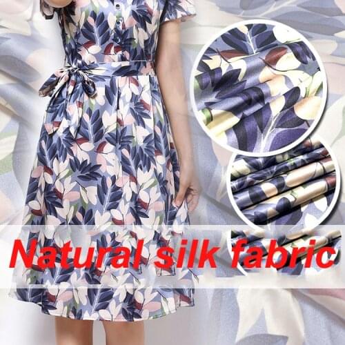 1 Meter Blue Leaf Printing 19 Mm Digital Printing Silk Stretch Satin Fabric