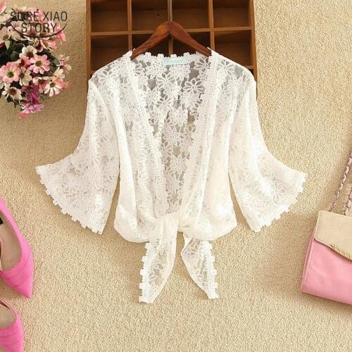 V-neck Chiffon Lace Sunscreen Cardigan Short Coat Korean Chic Summer Blouse Cape Clothes Air Conditioning Shirt Shawl Girl 15857