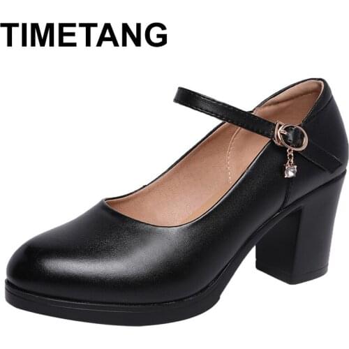 TIMETANGBlock Platform Heels Shoes Women Pumps 2019Spring Square Heel Split Leather Shoes Ladies Office Shoes Formal Dress Black