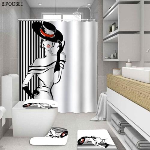 Slim Sexy Girl Printing Shower Curtain Set Bath Mats Rugs Fashion Lady Toilet Cover Non-slip Carpet Bathroom Curtains with Hooks