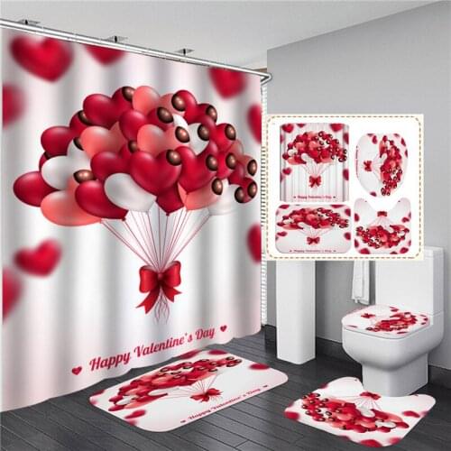 Red Big Heart Shower Curtain Set 4pcs Bathroom Decor with Hook Soft Mat Floor Carpet Anti-slip Rug Romantic Valentines Day Gift