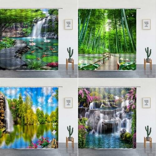 Waterfall Scenery Shower Curtains Spring Summer Landscape Flower Bird Waterproof Fabric Bathtub Screen Bathroom Decor With Hooks
