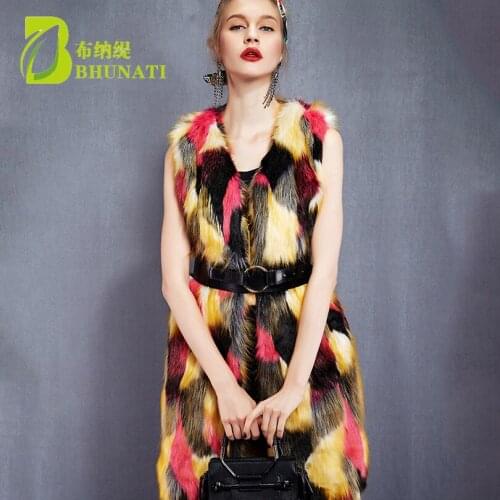 BHUNATI Women Multicolor Long Faux Fur Coat Hit Color Artificial Fur Furry Vest Slim Sleeveless Colorful Coats BCD1507097