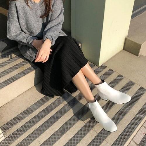 2020 Square Toe Autumn Winter Ladies Leather All Match Women Shoes Square Heel Zipper Ankle Boots Size 34-42