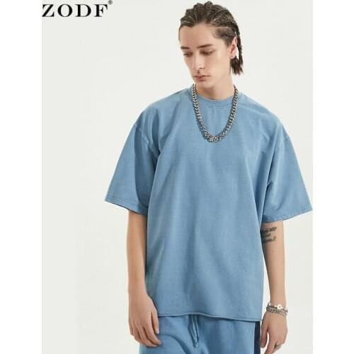 ZODF 2021 Summer Mens and Womens Washed T Shirts Loose Edges Short-Sleeved Retro High Street Style Fashion T-shirt