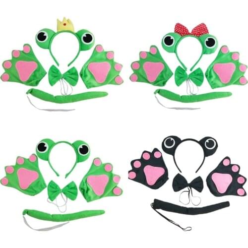 4Pcs Cartoon Animal Cosplay Costume Frog Eyes Plush Headband Bowtie Tail Gloves Q0KE