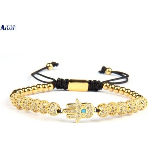 Ailatu Luxury Clear CZ Hamsa Braiding Bracelet Wholesale 6mm Cz Ball Beads Stainless Steel Jewelry Top Quality