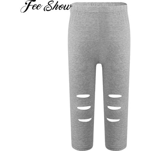 Kids Girls Summer Cotton Breathable Stretchy Running Pants Pure Color Elastic Waistband Ripped Knee Crop Leggings Pants Trousers
