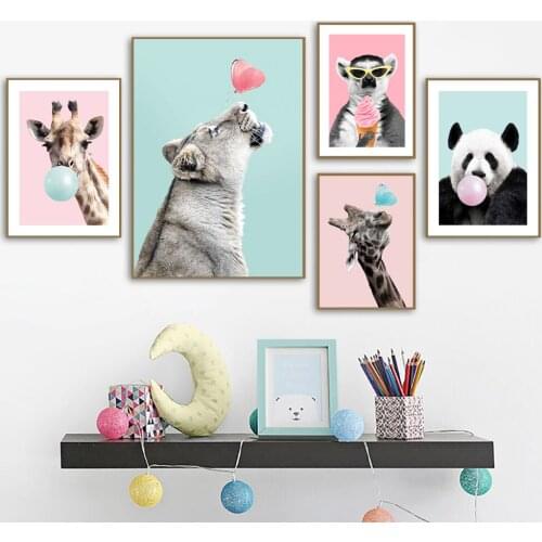 Cute Animal Posters Print Bubblegum Panda Love Leopard Giraffe Canvas Painting Lemur Zeabra Wall Art Pictures Kid Bedroom Decor