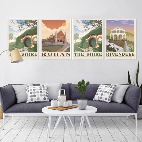 Canvas Painting Nordic Vintage Travel Poster Tolkien Middle Earth The Shire Illustration Landscape Art Wall Pictures Home Decor