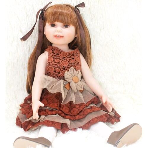 20 Inch 50cm Reborn Doll Soft Silicone Body With Dress Cute Girl Long Brown Hair Reality Baby For Childrens Playmate Kids Gift