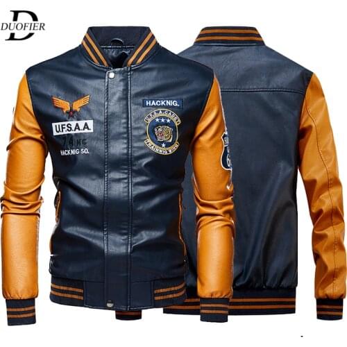 Leather Jackets Men Baseball Bomber Jacket Biker Pu Coat Faux Pilot Varsity Fleece College Top Leather Black Slim Fit Motorcycle