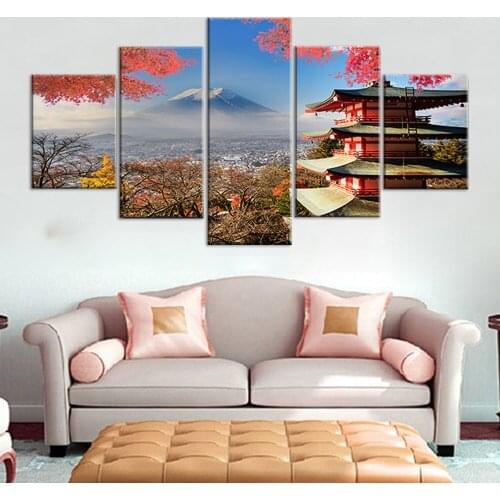 5 Panel Mount Fuji Pagoda Canvas Painting Japan Mount Landscape Poster Prints Morden Home Living Room Decoration Wall Art Painti
