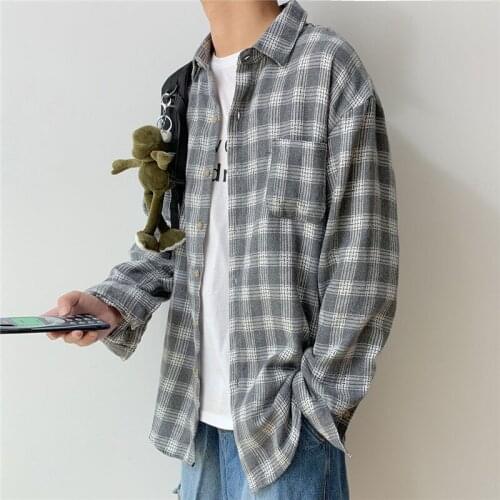 2019 New Cotton Korean Style Clothe Fashion Streetwear Spring Summer Autumn Slim Fit Plaid Men Shirt Long Sleeve