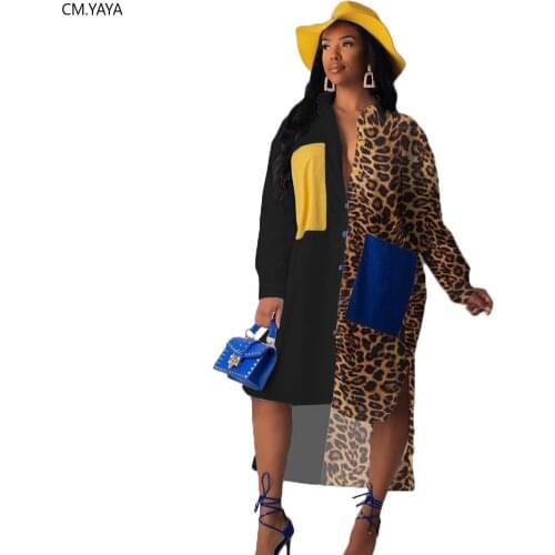 Autumn Women Leopard Print patchwork button up blouses irregular maxi Dress Streetwear Long Sleeve shirt Dresses Vestidos GL5135