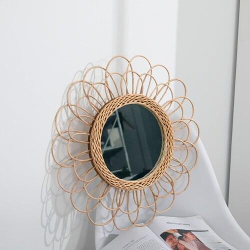 Hanging Mirror Rattan Sunflower Circular Wall Mirror Decor Boho Wicker Dressing Makeup Mirrors TK-ing