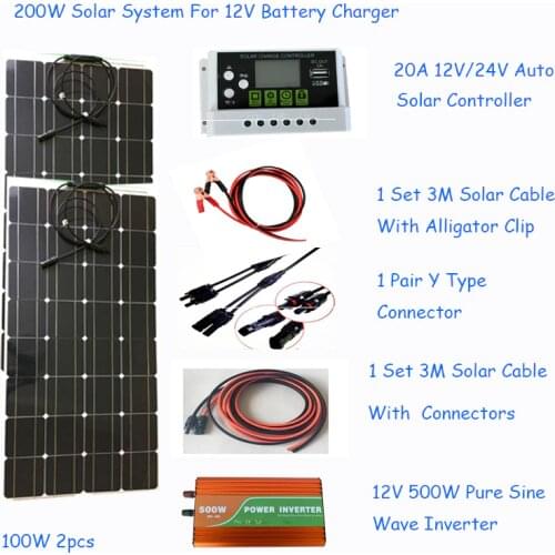 200W Solar Panel System DIY Kits 2pcs 100w flexible solar panel 20A solar controller 1 set 3M cable Y type connector for boat